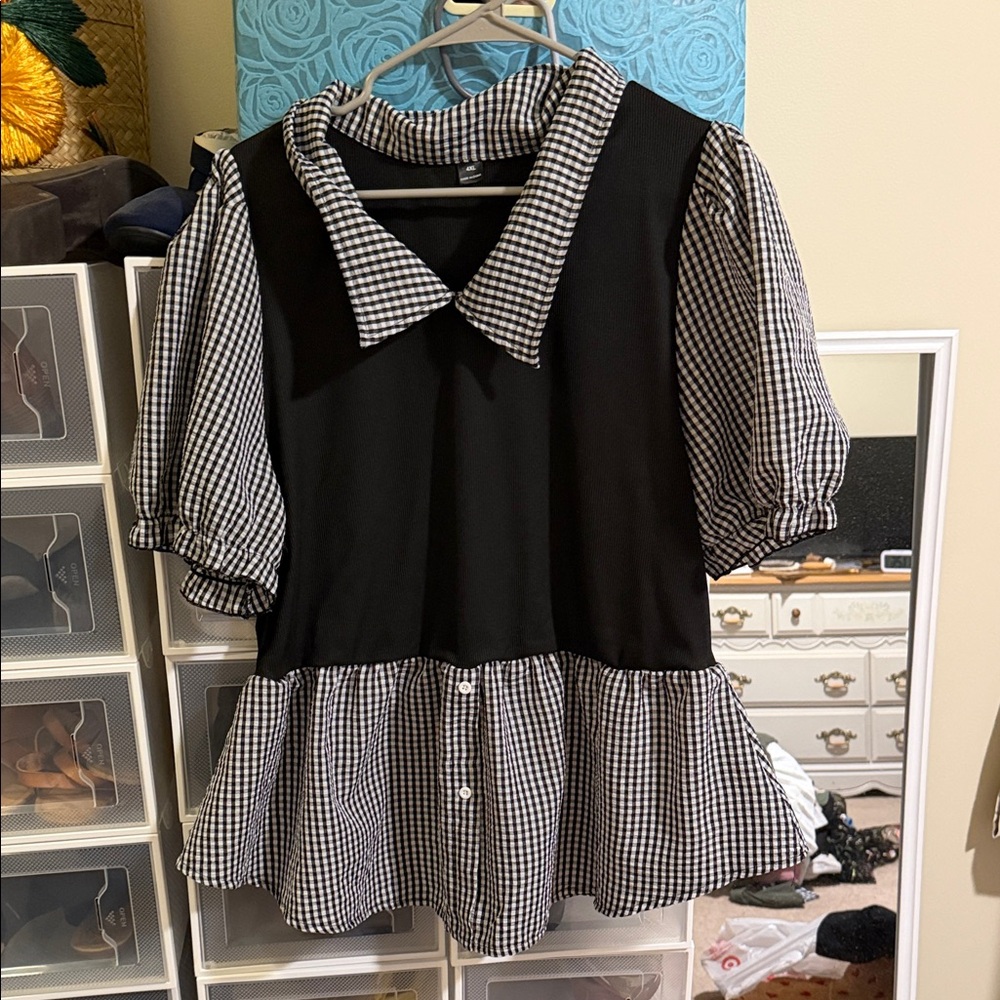SHEIN Black and White Checkered Blouse